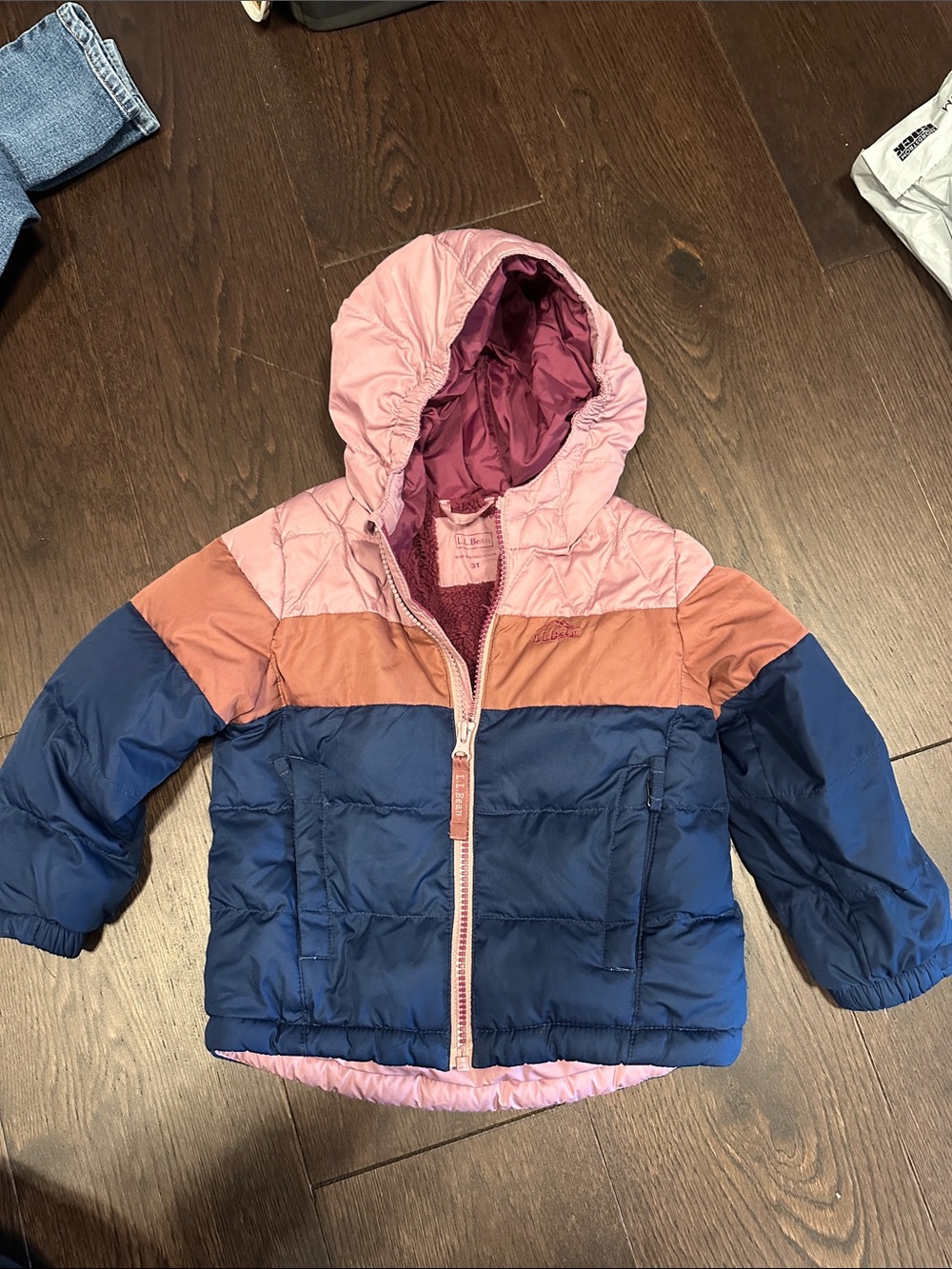 L.L. Bean Girls Colorblock Puffer Jacket in Pink, Coral & Navy